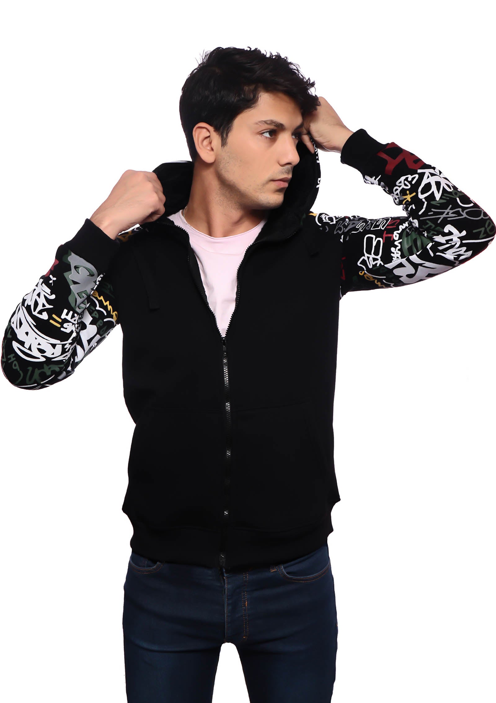 Printed Hoodie-133- Black